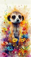 Sweet Baby Meerkat in a Colorful Flower Field  Ideal for Art Prints and Greeting Cards Generative AI photo