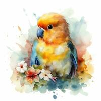 Colorful Watercolor Painting of a Lovable Baby Lovebird in a Flower Field photo