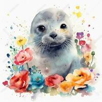 Adorable Baby Seal in a Colorful Flower Field Watercolor Painting photo