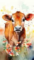 Colorful Flower Field with Sweet Calf Watercolor Painting for Art Prints and Greeting Cards photo