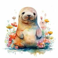 Winsome Baby Walrus in a Colorful Flower Field Watercolor Painting photo