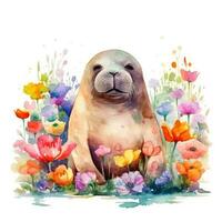 Winsome Baby Walrus in a Colorful Flower Field Watercolor Painting photo