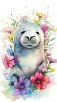 Winsome Baby Walrus in a Colorful Flower Field for Art Prints and Greeting Cards Generative AI photo