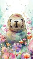 Winsome Baby Walrus in a Colorful Flower Field Watercolor Painting photo