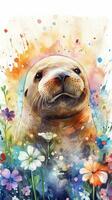 Winsome Baby Walrus in a Colorful Flower Field for Art Prints and Greeting Cards Generative AI photo