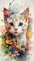 Winsome Kitten in a Colorful Flower Field Watercolor Painting photo