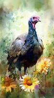 Colorful Watercolor Painting of a Cute Turkey Poult in a Flower Field for Art Prints and Greetings photo