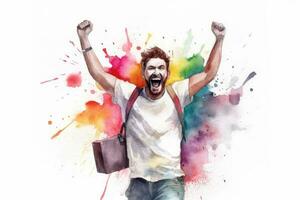 Joyful Businessman Celebrating Success with Watercolor Pastel Colors photo