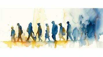 Silhouettes of Refugees Walking Up the Road in Blue and Yellow Watercolor photo