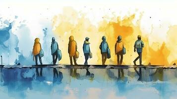 Silhouettes of Refugees Walking Up the Road in Blue and Yellow Watercolor photo