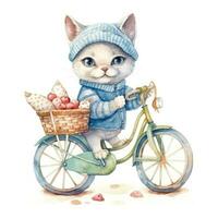 adorable acuarela bosquejo de un kawaii bebé gato montando un bicicleta para para niños libro ilustración foto