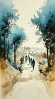 Silhouettes of Refugees Walking Along a Blue Road with Trees and Buildings photo