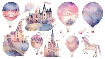 Magical Watercolor Illustrations of a Unicorn Castle and Balloon photo