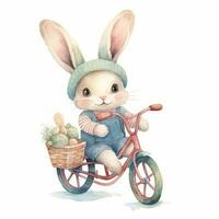 adorable acuarela bosquejo de un kawaii bebé Conejo montando un bicicleta Perfecto para para niños libros foto