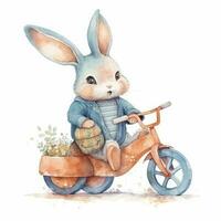 adorable acuarela bosquejo de un kawaii bebé Conejo montando un bicicleta para para niños libro ilustración foto