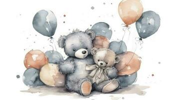 Adorable Watercolor Teddy Bear with Grey Balloons for Kids Poster or Card photo