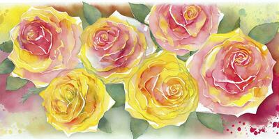 Romantic Watercolor Roses in Pink and Yellow for Wedding Invites photo