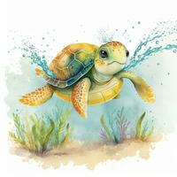 Cute Watercolor Cartoon Turtle Swimming for Kids Show Generative AI photo