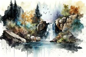 Vibrant Watercolor Waterfall Cascading into a Serene Pond photo