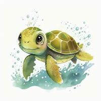 Adorable Cartoon Turtle Swimming with Kids in Watercolor Style photo