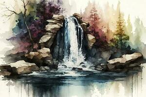 Vibrant Watercolor Painting of Cascading Waterfall into Pond photo