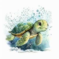 Illustrated Cartoon Turtle Swimming with Cute Kids in Watercolor Style photo