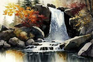 Vibrant Watercolor Painting of Cascading Waterfall into Pond photo