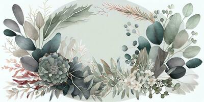 Eucalyptus and White Flowers Watercolor Wreath on Peppermint Background photo