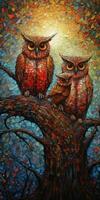 Whimsical Owl Family in NeoImpressionist Style photo