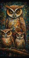 Whimsical Owl Family in NeoImpressionist Style photo