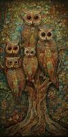 Whimsical Owl Family in NeoImpressionist Style photo