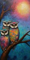 Whimsical Owl Family in NeoImpressionist Style photo