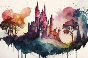 Whimsical Fairytale Castle in Watercolors with Playful Colors photo
