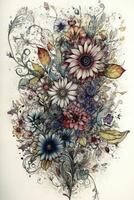 Intricate Boho Art of Wild Flowers on White Background in HD Quality photo