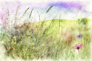 Vibrant Watercolor Meadow with Wildflowers photo