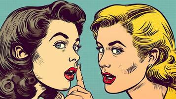 Whispering Secrets Colorful Pop Art Illustration of Two Women Gossiping photo