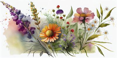 Vibrant Watercolor Painting of Wildflower Bouquet in Meadow photo