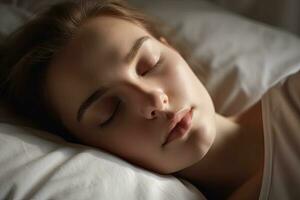 Luminous Bedroom Woman Sleeping on White Pillow in SFumato Style Canvas photo