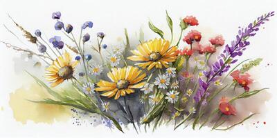 Vibrant Watercolor Painting of Wildflower Bouquet in Meadow photo