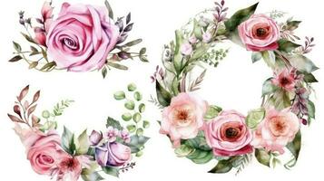 Floral Watercolor Wreaths and Frames with Pink Roses photo