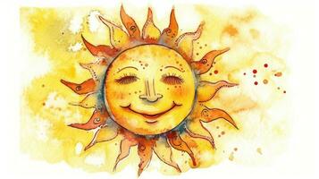 Cheerful Sun Cartoon Illustration in Yellow Watercolor photo