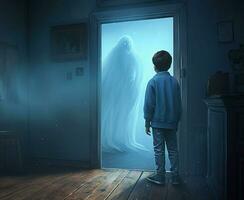 curioso chico observando un azul fantasma levitando a el puerta de un obsesionado casa foto