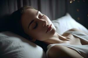 Luminous Bedroom Woman Sleeping on White Pillow photo