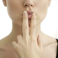 Silencing Gesture by Womans Hand on White Background photo