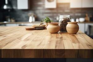 rústico madera mesa en cocina mostrador con borroso habitación en antecedentes foto