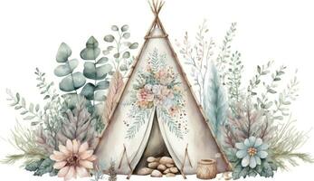 Boho Teepee Decorated with Pastel Watercolor Pattern AI Generated photo