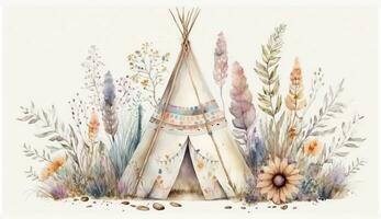 Boho Teepee Decorated with Pastel Watercolor Pattern AI Generated photo