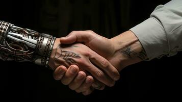 Real and Artificial Intelligence Handshake  Beautiful Pose of Hands AI Generated photo