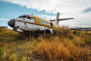 Abandoned Airport in Disrepair with Overgrown Grass and Crumbling Buildings Generative AI photo