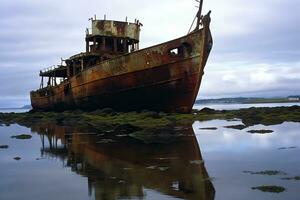 Rusting Remnants of an Abandoned Shipwreck A Decaying Derelict Partially Submerged in Water Generative AI photo